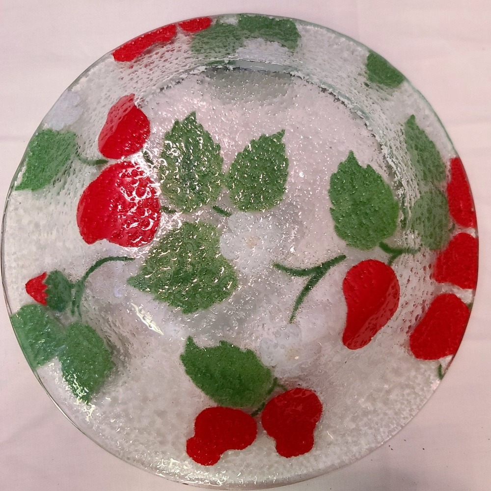 Vintage Art Glass Strawberry Textured Pattern Serving Bowl White Blossoms 8.5"